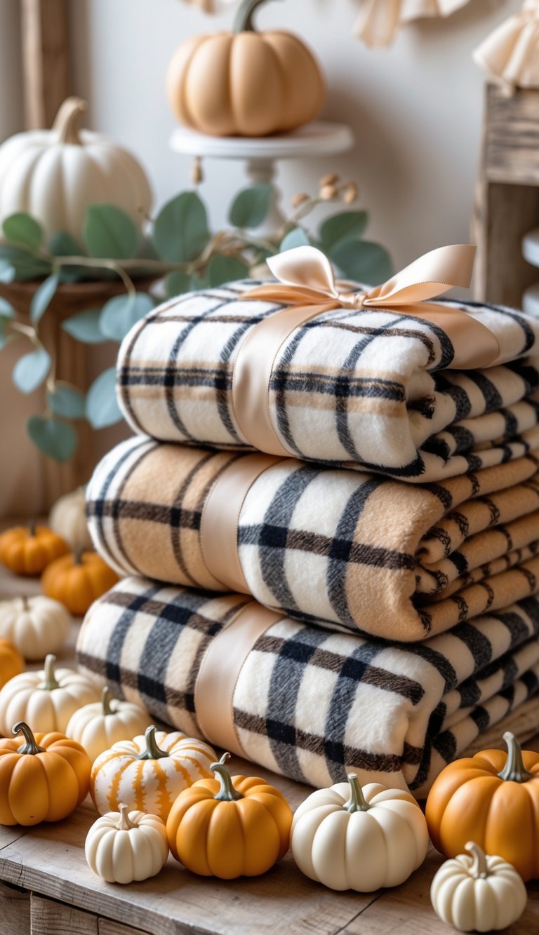 Neatly folded plaid blankets displayed with small decorative pumpkins on a wooden surface at a baby shower.